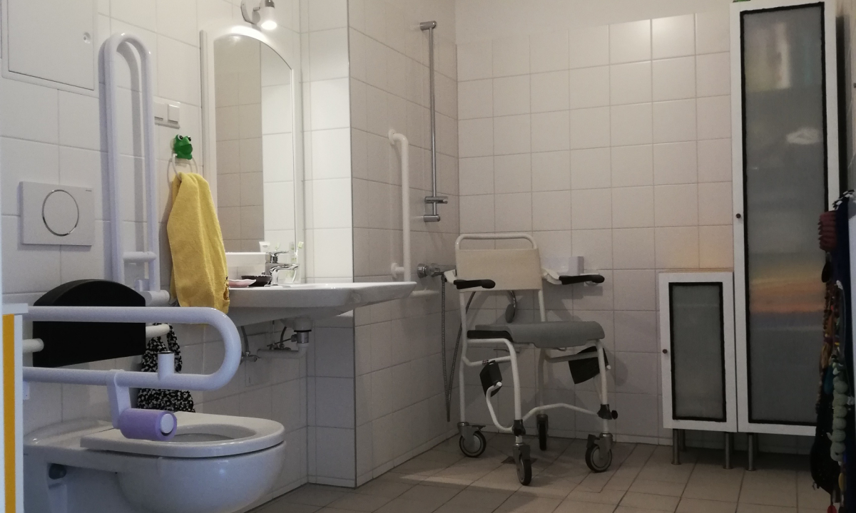 Barrierefreies Badezimmer mit Waschbecken, Toilette, Dusche, Schrank im Bild
